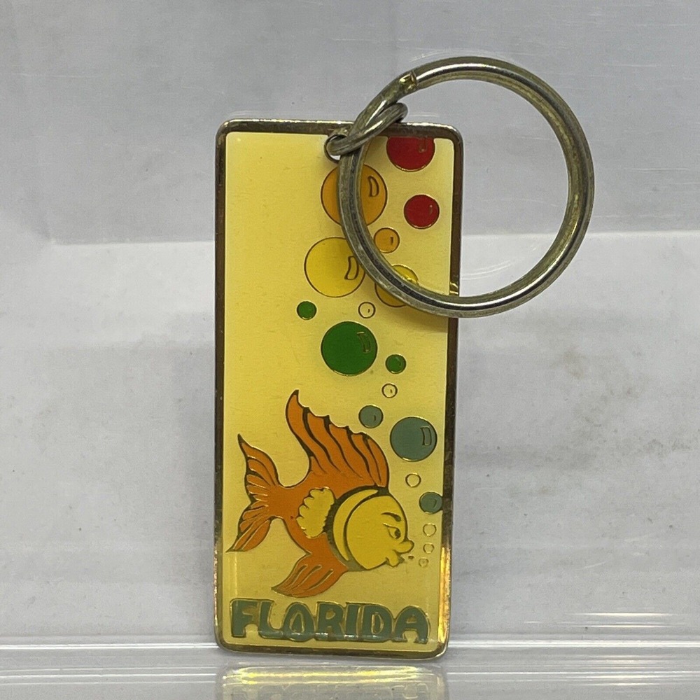 Vintage Florida Souvenir Keychain Yellow Enamel Fish Bubbles Retro Travel Fob